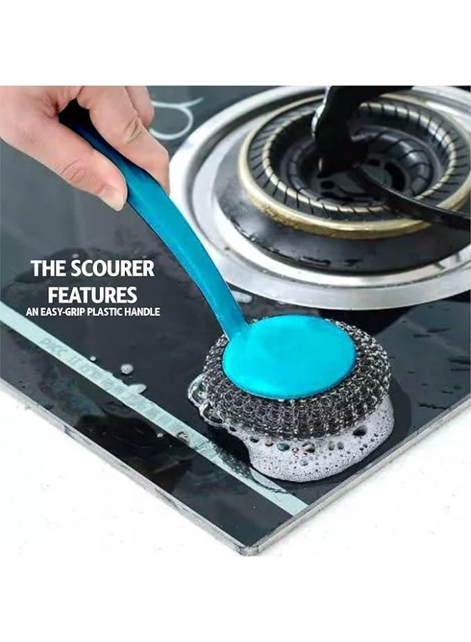 ليفة مواعين سلك بيد مقبض بلاستيكي 4*1 قطعة إسفنجة مطبخ سلكية من الفولاذ المقاوم للصدأ لغسل الأطباق وتنظيف أدوات المطبخ، ليفة استانلس حلزونية لتنظيف حلل الطهي والأطباق - Image 3